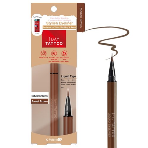 K-Palette 1Day Tattoo Waterproof Liquid Eyeliner Pen, Precision Tip for Long-Lasting, Smudge-Proof Eyeliner, Stay-All-Day Liquid Eyeliner, Bold & Vibrant Colors, 03 Marron Brown