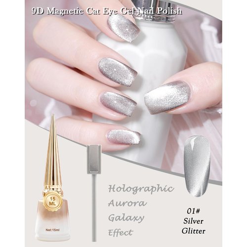 Diamond Silver Cat Eye Gel Nail Polish with Magnetic Stick,9D Holographic Galaxy Glitter Aurora Cateye Gel Nail Polish,Crystal Shiny Nails Glue Gel Polish Kit,Soak Off UV LED for Salon DIY Nail Art-01