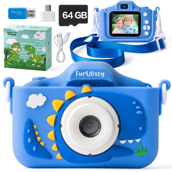 FurUlixty Upgraded Kids Camera Toys - Kids Digital Camera with Soft Silicone Cover, 1080P HD Selfie Video Camera for Boy Girl Toddler, with 64G SD Card, 3Hrs of Ultra-Long Battery Life (Blue Dinosaur)