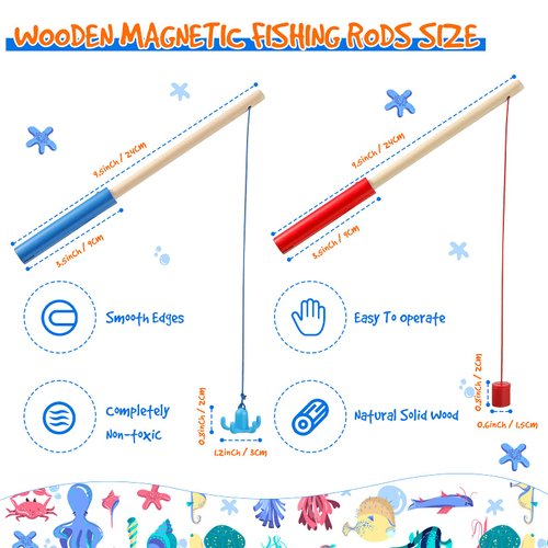 Sumind 6 Pcs Magnetic Fishing Pole Wooden Magnetic Fishing Rods with Magnet Hooks Christmas Fishing Game Toy Gifts for Birthday Party(Red, Blue,Column, Hook)