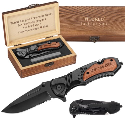 Gifts for Dad Men, Engraved Pocket Knife, Stocking Stuffers, Christmas Birthday Gifts ideas from Daughter Son Kids, BEST DAD EVER Folding Knife with Wood Box, Unique Outdoor Camping Hiking Tool