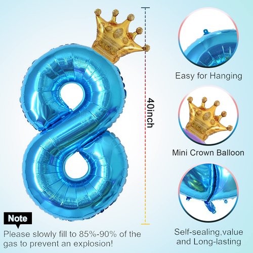 40 Inch Light Blue Number 8 and Mini Crown Balloon for 8th Birthday Party Decorations, Light Blue Birthday Party Balloons Decorations Supplies