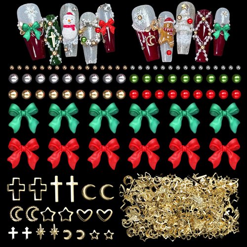 3D Christmas Bow Nail Charms and Nail Pearls, Bowknot Acrylic Nail Art Charms, Silver Gold Nail Caviar Beads, Star Moon Rivet Nail Gems Charms for Christmas Nail Art Design DIY