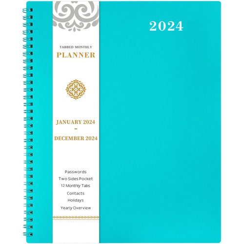 2024 Monthly Planner/Calendar - Monthly Planner 2024, Jan. 2024 - Dec. 2024, 9" x 11", 12-Month Planner 2024 with Tabs, Pocket, Label, Contacts and Passwords, Twin-Wire Binding - Teal by Artfan