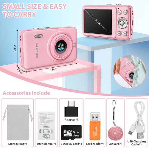 Kids Camera Toys for Boys Girls,Digital Video Camera Toys for Kids with MP3 Music Player and 32GB SD Card,Ideas Birthday Gifts for 4 5 6 7 8 9 10+ Years Old Little Girls and Boys(Pink)