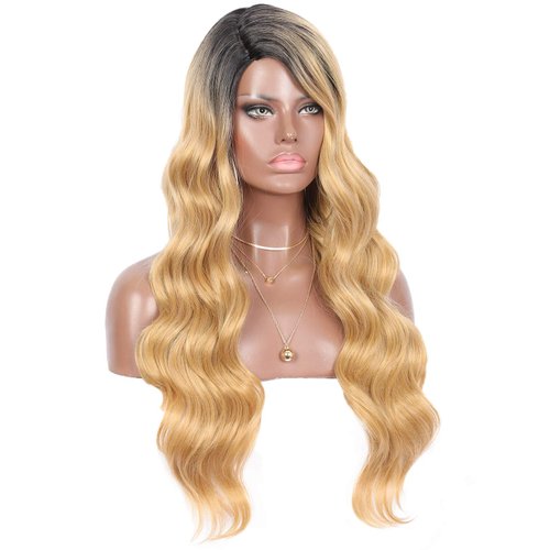 Kalyss 28 inches Ombre Blonde Yaki Synthetic Hair Wigs with Black Dark Roots for Women Long Body Wavy Curly Wigs L Parting Natural Looking Heat Resistant Replacement Wigs