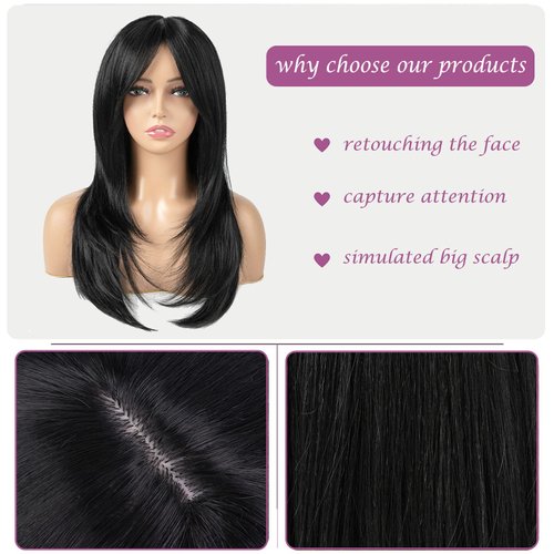 TuTive Black Wigs for Women 22 Inch Layered Wig With Bangs Natural Looking Shoulder Length Wig Heat Resistant Synthetic Fibre Wigs for Daily Party Use(Black)