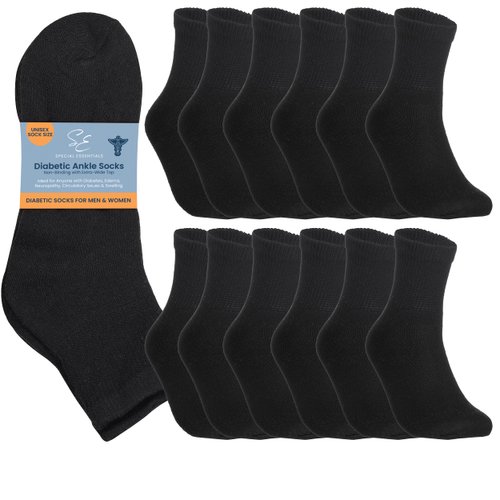 Special Essentials 12 Pairs Cotton Diabetic Ankle Socks - Non-Binding With Extra Wide Top For Men and Women Black 10-13