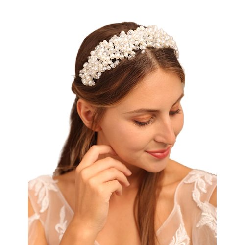 YERTTER Vintage Wedding Pearl Beads Crystal Tiara Hair Crown Handmade Bride Headband Bridal Greek Goddess Pearl Head Pieces for Wedding Prom Birthday Party (Style 1)