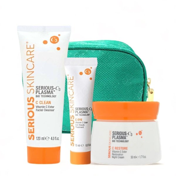 Serious Skincare - Serious C3 Vitamin C Night Trio - C-Restore Night Cream, C Eye Treatment & C Clean Face Cleanser - Makeup Bag - Hydrolyzed Collagen Moisturizer - Deep Hydration for Mature Dry Skin