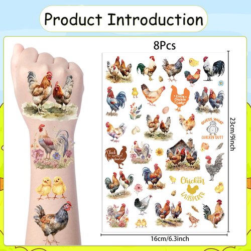 Yoyuspy Chicken Temporary Tattoos Stickers - 200+ Chicken Farm Tattoos Gifts Decor Stickers Chicken Birthday Party Favors Supplies Decorations School Prizes Rewards Crazy Chicken Lady Temporary Tattoo