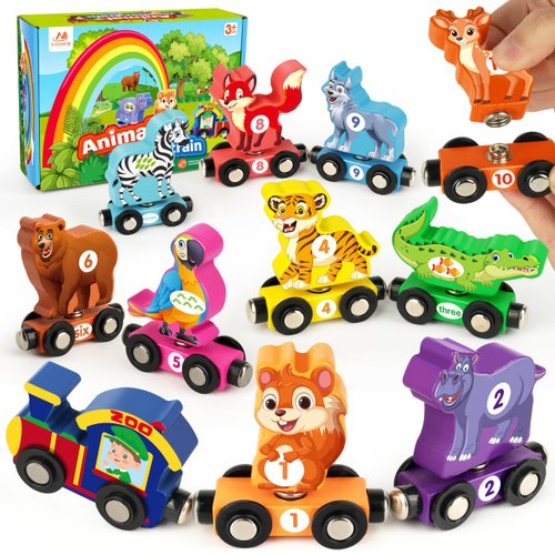 Vanmor Wooden Train Set with Animal Toys, Snap-Connection Animal Train, Matching and Magnetic Number Train Learning Toys, Fine Motor Skill Educational Toy Gift for 3 4 5 Years Old Kids