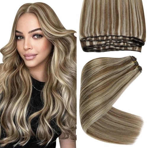 Sunny Hair Extensions Real Human Hair Weft Highlights Light Brown with Platinum Blonde Sew in Extensions Human Hair for Women Weft Real Hair Extensions Highlights Sewing Hair Extensions 20inch 100g