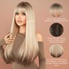 7JHH WIGS Long Straight Wig with Bangs 28in Ash Platinum Blonde Wig with Brown Roots and Brown Hair Tail Dye Natural Heat Resistant Fiber Synthetic Layered Highlight Wigs for Women Daily Party Used