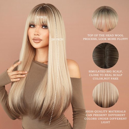 7JHH WIGS Long Straight Wig with Bangs 28in Ash Platinum Blonde Wig with Brown Roots and Brown Hair Tail Dye Natural Heat Resistant Fiber Synthetic Layered Highlight Wigs for Women Daily Party Used