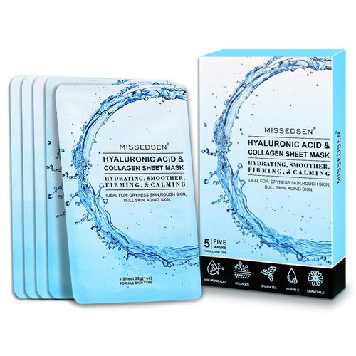MISSEDSEN (Pack of 5) Face Masks Skincare Sheet Beauty Facial Treatments for Dry, Pore,Dehydrated,Sensitive Skin Mask Green Tea Collagen Hydrating,Smoother,Firming,Calming Overnight Face Mask