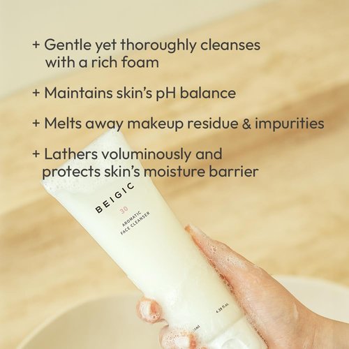 BEIGIC Aromatic Face Cleanser - Korean Face Wash w/Hyaluronic Acid & Micellar Water -Gentle Hydrating Foaming Facial Cleanser Vegan Skincare (4.39 fl oz)