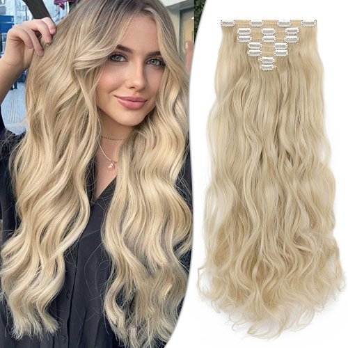 Clip in Hair Extensions for Women 7pcs Ash Blonde Hair Extensions 24 Inch Long Wavy Curly Hair Clip on Extensions Synthetic Thick Hairpieces