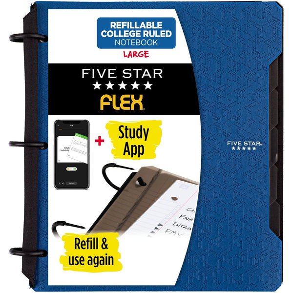 Five Star Flex Refillable Notebook + Study App, College Ruled Paper, 1 Inch TechLock Rings, Pockets, Tabs and Dividers, 200 Sheet Capacity, Pacific Blue (29328AD2)