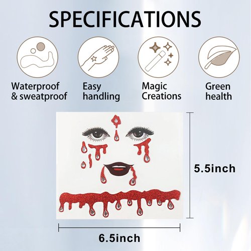 Xepeelo 3D Halloween Face Sticker Red Glitter Face Temporary Sticker Sliver Diamond Face Art Stickers Red Glitter Art Sticker Design Halloween Party Face/Body/Eye Accessories for Children Adult