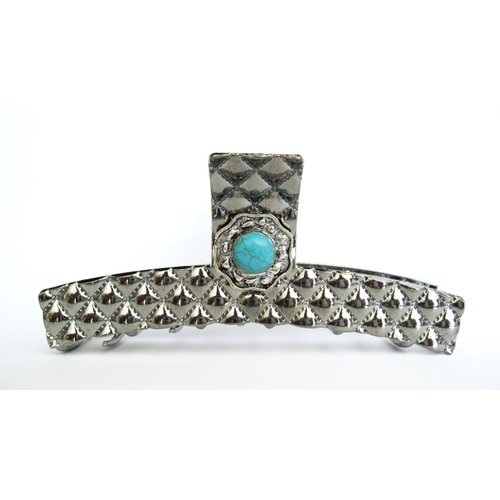 Generic Long chunky dark silver turquoise blue stone metal native tribal hair claw clip