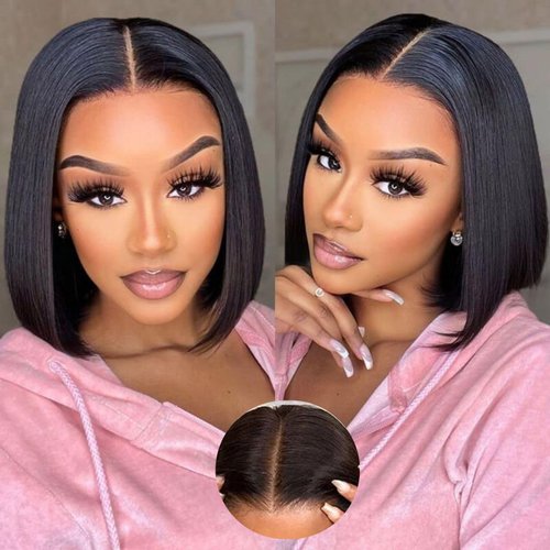 Vlliyava Bob Wig Human Hair 13x4 Lace HD Transparent Front Wig Human Hair 180 Density Glueless Wig Pre Plucked With Baby Hair Short Straight Bob Wigs For Black Women Natural Black Color 14 Inch
