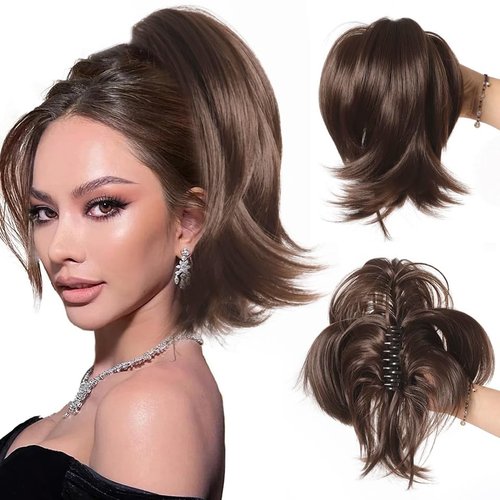 olacare Claw Clip Messy Bun Hair Piece Short Ponytail Extension with 3 Bendable Metals Wires Synthetic Fake Hair Bun Hair Pieces for Women DIY Easy Bun