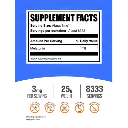BulkSupplements.com Melatonin Powder - Sleep Supplement, Melatonin for Adults, Melatonin 3 mg - Vegan Melatonin, Pure & Gluten Free, 3mg per Serving, 25g (0.88 oz) (Pack of 1)