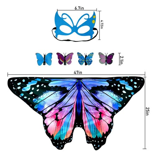 Niurui Kids Fairy Butterfly Wings Costume for Girls Halloween Toddler Dress Up Play Costumes with Butterfly Hair Clip Mask Christmas Party Favors Gifts（Blue & Red）