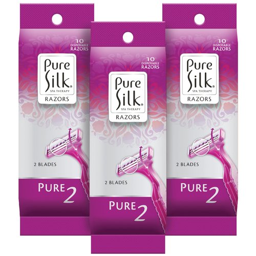 Pure Silk Pure 2 Premium Disposable Razor Value Pack Bundle (3 Packs/30 Total Razors)
