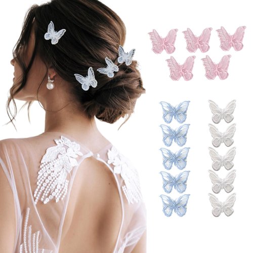 15 Pcs Butterfly Hair Clip Lace Embroidery Bows Clips for Women Girls Teens Bridal Wedding Daily Styling Hair Accessories (White Blue Pink)
