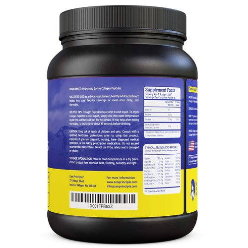 Zen Principle Grass-Fed Collagen Peptides 1.5 lb. Anti-Aging Hydrolyzed Protein Powder for Healthy Hair, Skin, Joints & Nails. Paleo and Keto Friendly, GMO and Gluten Free, Pasture-Raised Bovine.