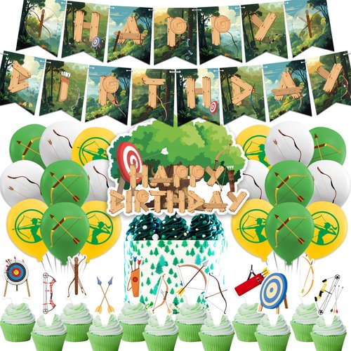 Archery Birthday Party Decorations Bow Arrow Hunting Party Supplies Includes Archery HAPPY BIRTHDAY Banner Cake Topper Cupcake Toppers Balloons for Archery Theme Party Hunting Birthday Decorations