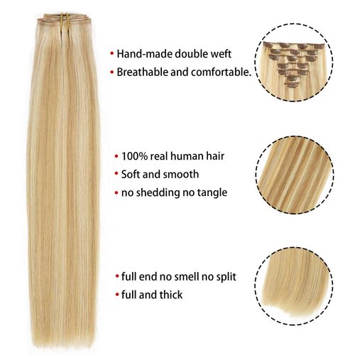 Houlud Straight Clip in Hair Extensions Human Hair 14 Inch 110g 7pcs Clip in Hair Extensions Brazilian Remy Human Hair 16 Clips Double Weft Human Hair For Women (14 Inch, 18P/613)