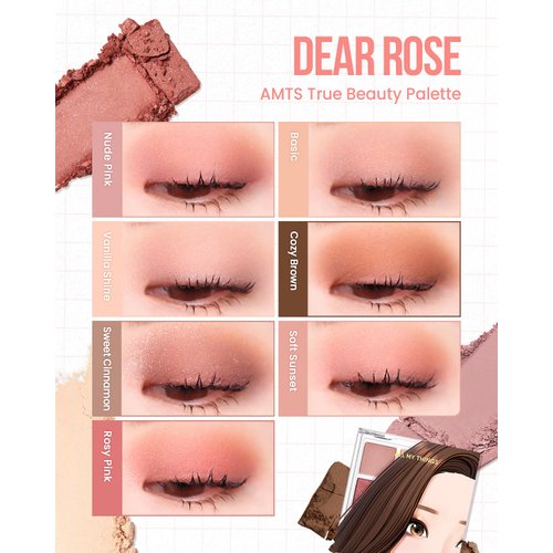 AMTS True Beauty Dear Rose Eyeshadow Palette, Matte Shimmer Glitter Highly Pigmented, Long Lasting, Cheek blush, K Beauty, Korean makeup