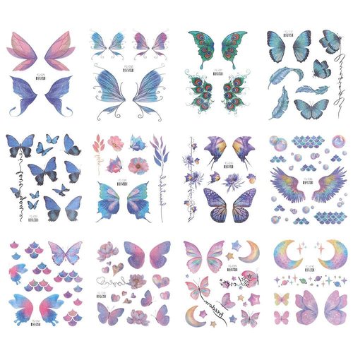 Tattoo Sticker 12PCS Butterfly Tattoo Stickers Glitter Butterfly Wings Flowers Moon Temporary Tattoo Stickers Wrist Neck Face Fake Tattoo Stickers