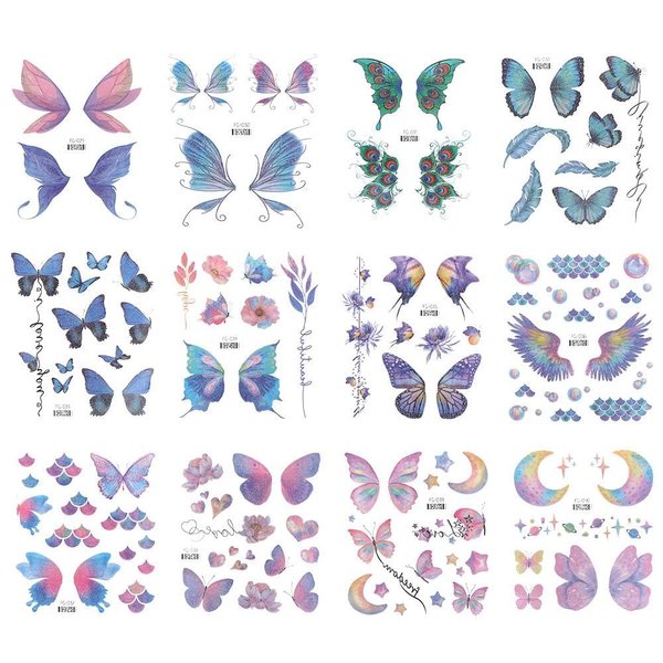 Tattoo Sticker 12PCS Butterfly Tattoo Stickers Glitter Butterfly Wings Flowers Moon Temporary Tattoo Stickers Wrist Neck Face Fake Tattoo Stickers
