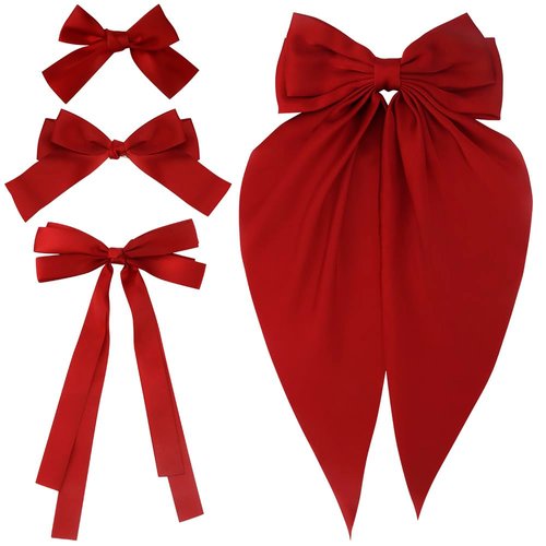 Atoden Red Hair Bows for Women Girls 4Pcs Silky Satin Hair Ribbons Oversized Long Tail Bow Hair Clips Hair Barrettes Alligator Metal Clips Big Bowknot Cute Hair Accessories Christmas Gifts