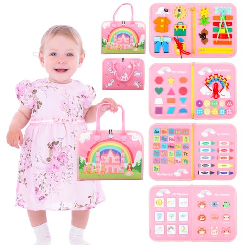 Toddler Busy Board Montessori Toys for 1 2 3 4 Year Old Girls Birthday Gifts - Educational Learning Busy Book Sensory Toys for Toddlers 1-3 - Airplane Car Travel Activities Toys for Kids Ages 2-4