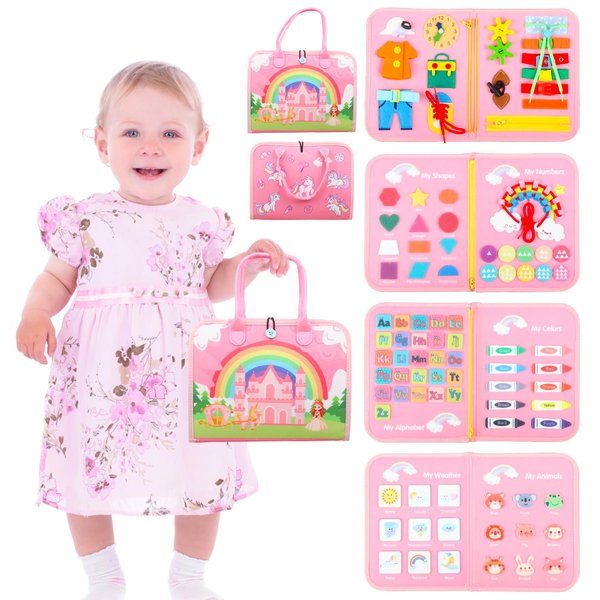 Toddler Busy Board Montessori Toys for 1 2 3 4 Year Old Girls Birthday Gifts - Educational Learning Busy Book Sensory Toys for Toddlers 1-3 - Airplane Car Travel Activities Toys for Kids Ages 2-4