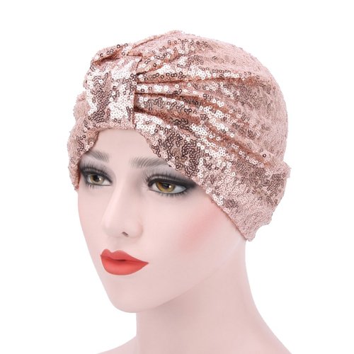 DECOU Sparkly Sequin Twist Pleated Hair Wrap Stretch Turban S232 (Skin Pink)