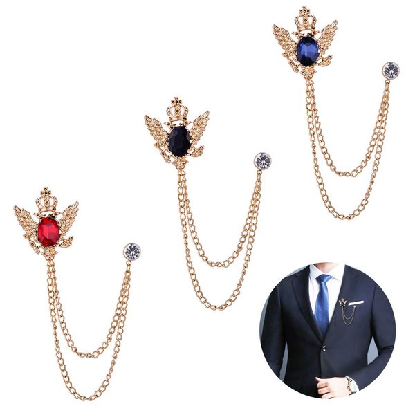 Huture 3PCS Men's Brooch Suit Pin Badge with Chains Brooch Buckle Chain Collar Lapel Pin for Men Shirt Collar Pin Chain Brooch Decoration Metal Brooch Pin Clips for Women Suit Tuxedo Tie Hat Scarf