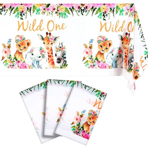 Breling Wild One Tablecloth, 3 Pack, 43 x 71 Inch, Animal Safari, Jungle Theme Birthday, Baby Shower Party Supplies, Disposable, Polyethylene (PE)