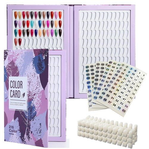 Acycoin2A 216 Nail Color Chart Display Gel Polish Color Book with 240 False Nail Tips and Number Sticker (A)