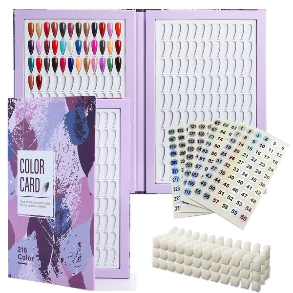 Acycoin2A 216 Nail Color Chart Display Gel Polish Color Book with 240 False Nail Tips and Number Sticker (A)