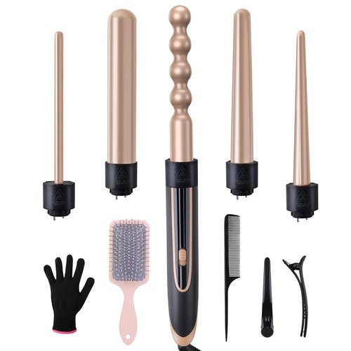 Curling Iron Hair Curler with 5 Interchangeable Barrel Curlings Wand Set with Hair Brush Styling Tool Women Gift for Wife Wavy Curl Salon Ceramic Tourmaline barra de cera para (Champaign Gold V2731)