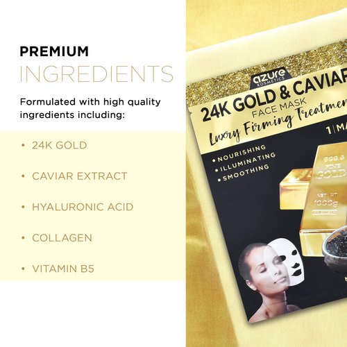 AZURE 24K Gold and Caviar Anti Aging Luxury Face Mask - Hydrating & Firming Facial Mask - Helps Reduce Wrinkles & Fine Lines - With Hyaluronic Acid & Collagen - Skin Care Made in Korea - 5 Pack