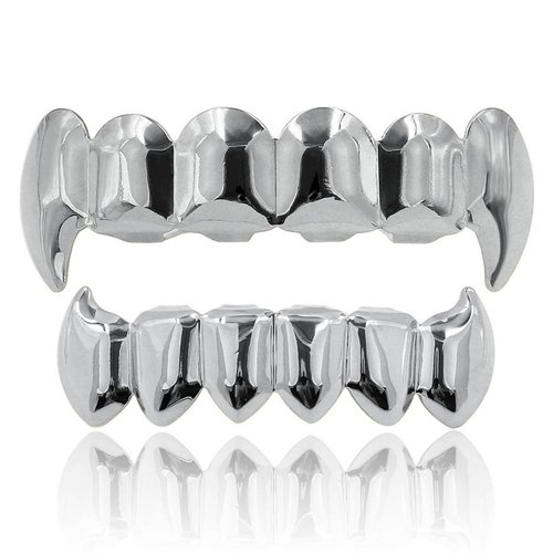 JINAO Silver Vampire Fangs Teeth Grillz Face 18K Gold Plated Top Bottom Grills for Your Teeth Set for Men and Women Hip Hop Jewelry (Silver Grillz)