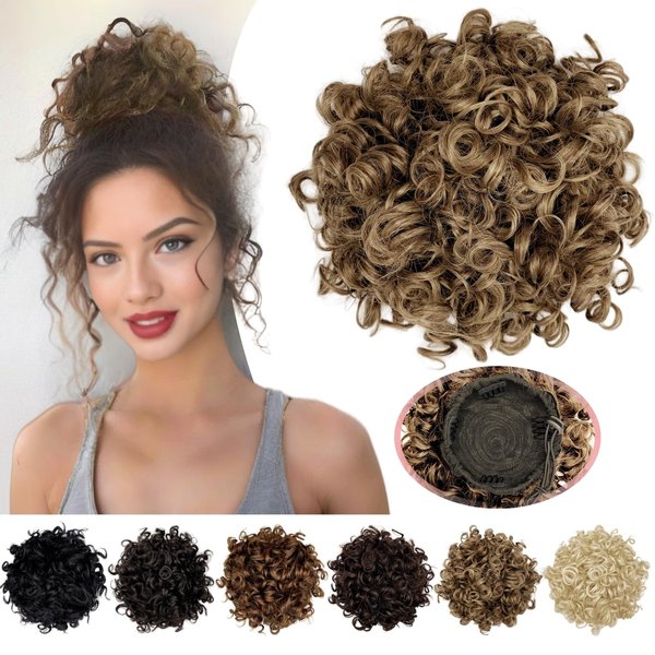 Curly Bun Hair Piece, Messy Bun Hair Piece, Synthetic Updo Hair Piece, Elastic Drawstring Loose Wave Messy Bun Hair Scrunchie, Synthetic Ponytail Extension for Women Girls (Dark Golden Brown)