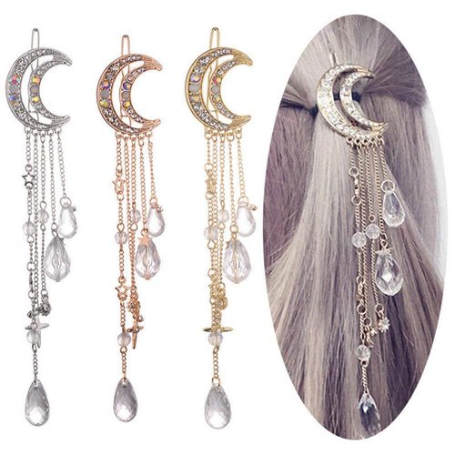 Romantic Crescent Moon Star Crystal Dangle Hairpin Rhinestone Beads Hair Clips Bridal Jewelry Tassel Drop Hair Pins Bobby Pins For Women Girls Hair Accessories (Gold)